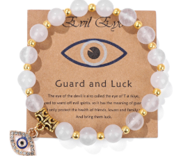 Natural Stone Bead Bracelet - Evil Eye (White)