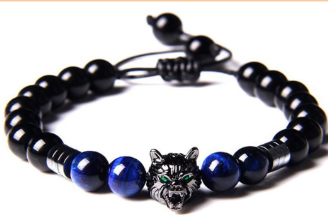 Obsidian and Blue Tiger Eye Wolf Bracelet