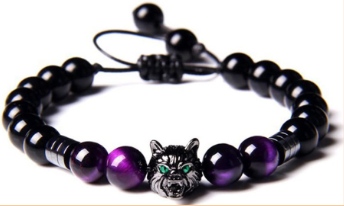 Obsidian and Purple Tiger Eye Wolf Bracelet