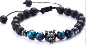 Volcanic Stone and Sky Blue Tiger Eye Wolf Bracelet