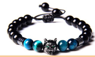 Obsidian and Sky Blue Tiger Eye Wolf Bracelet